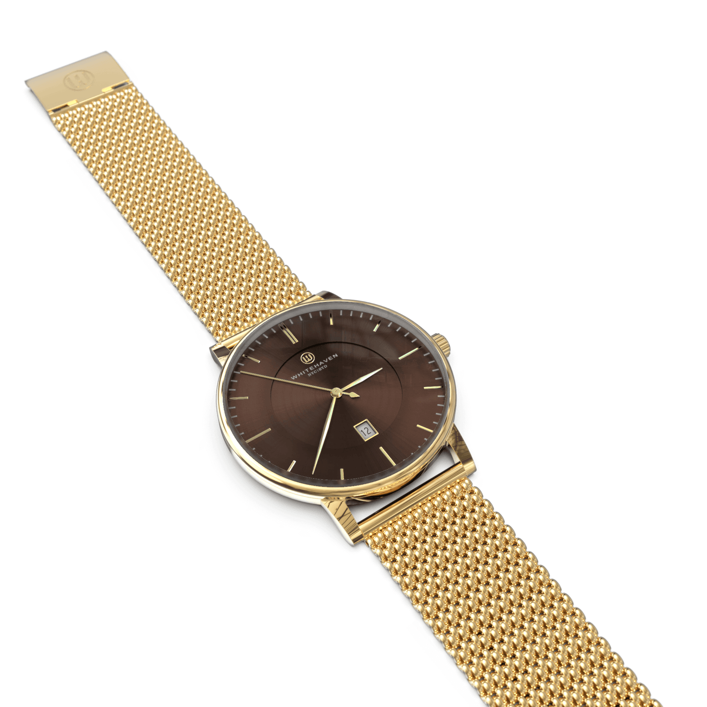 Montre Cairns posée à plat, cadran marron, bracelet milanais et boîtier finition or jaune – élégance classique