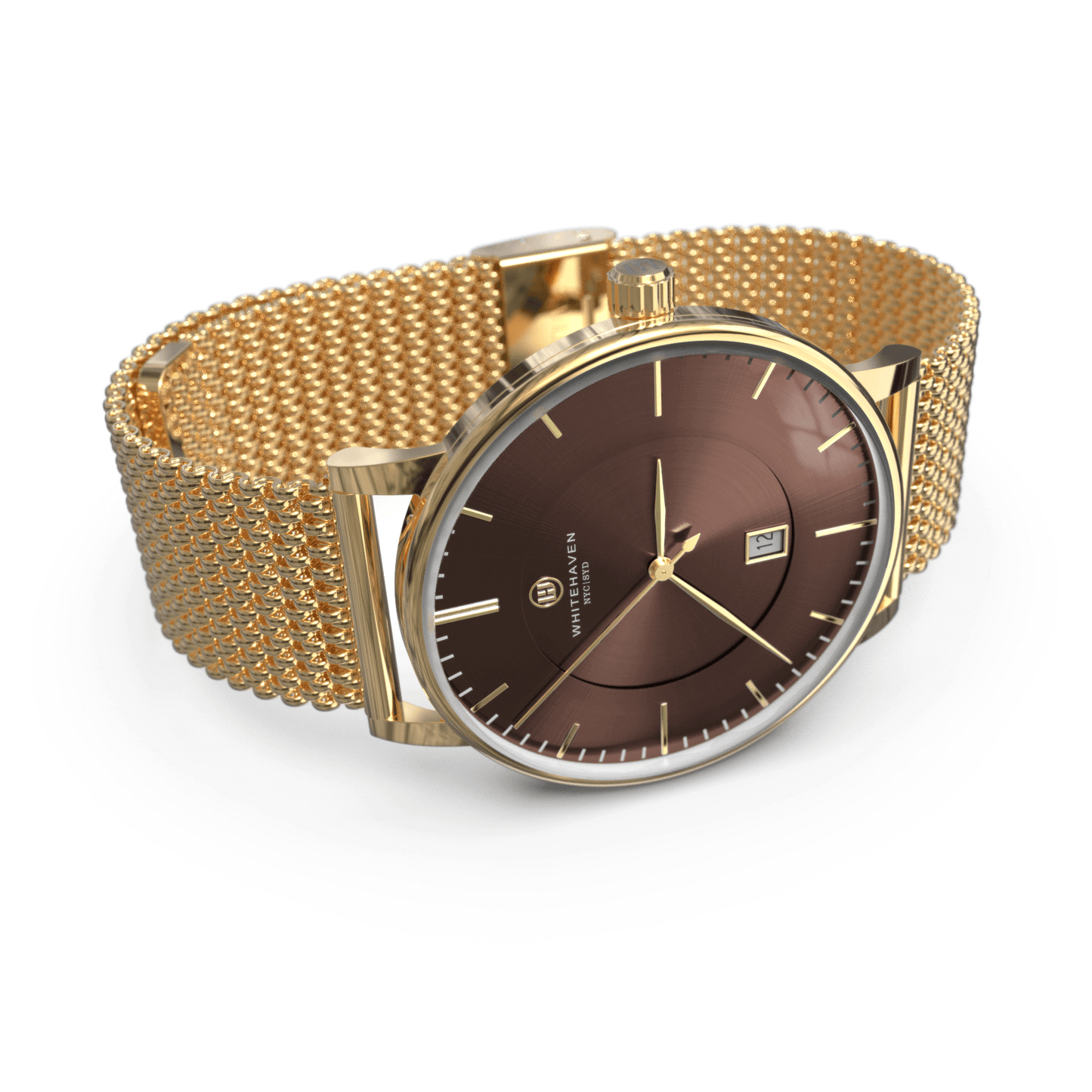 Montre Cairns vue de profil avec cadran marron, boîtier or jaune et bracelet en maille milanaise – style contemporain