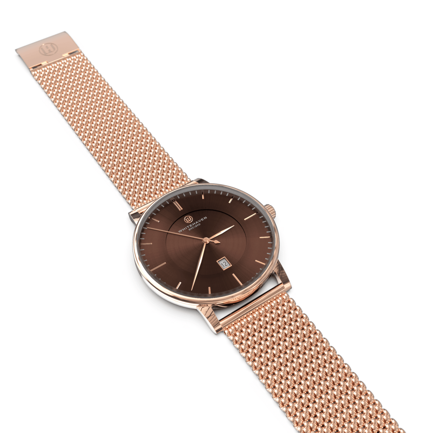 Montre Cairns Whitehaven posée à plat, cadran marron, boîtier or rose et bracelet en maille milanaise – vue horizontale