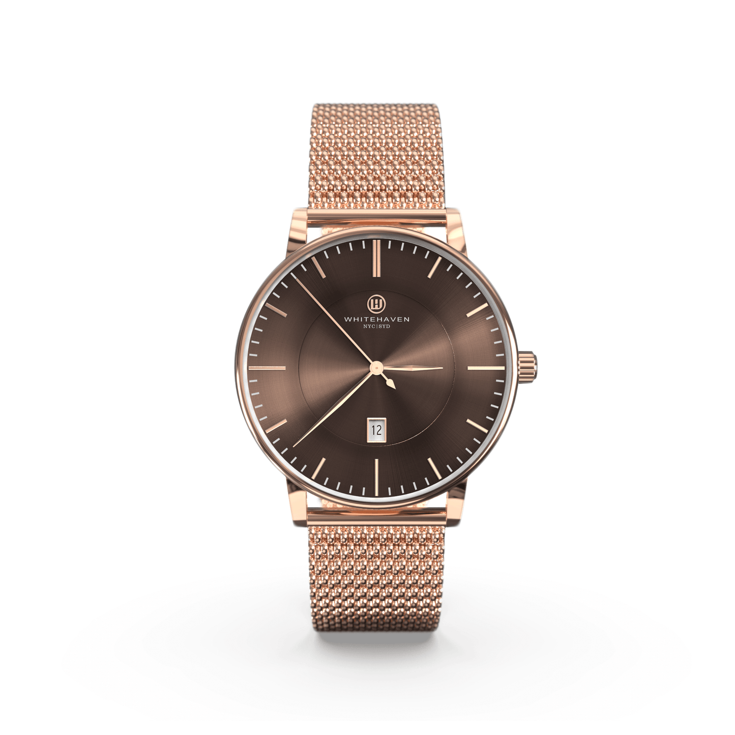 Montre Cairns Whitehaven avec cadran marron, boîtier finition or rose et bracelet en maille milanaise – vue de face
