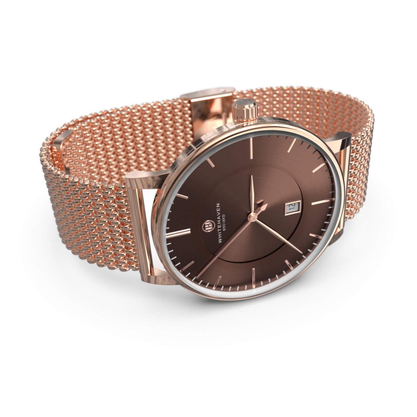 Montre Cairns vue de profil avec cadran marron, boîtier or rose et bracelet en maille milanaise – élégance moderne
