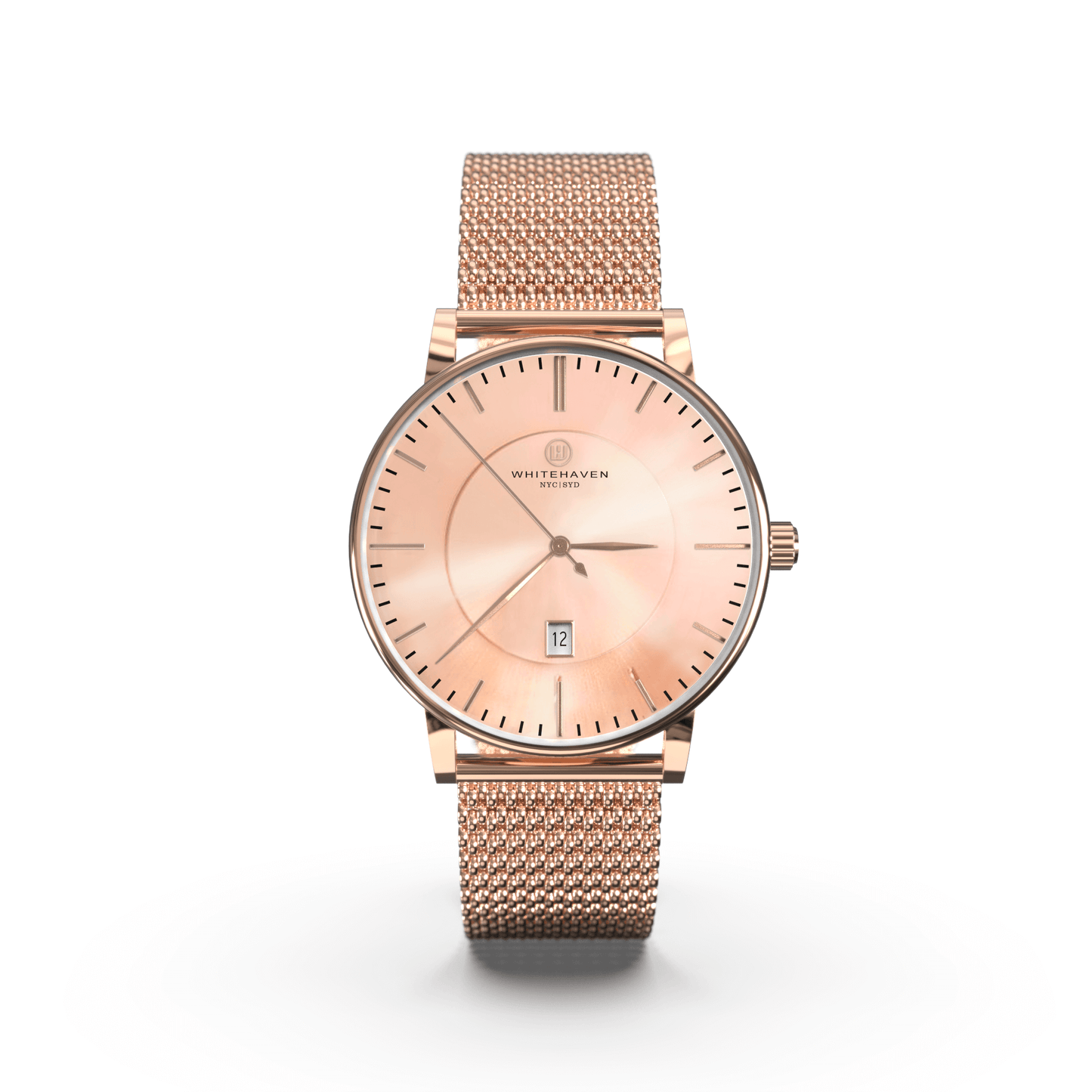Montre femme Whitehaven Adelaida avec cadran rose cuivré en vue frontale, bracelet en maille milanaise et finition rose gold