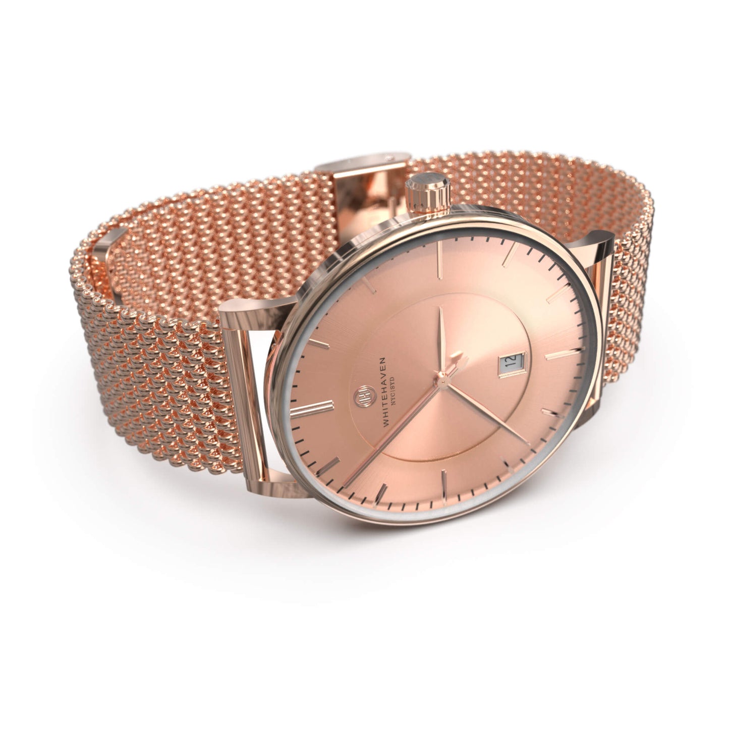 Montre femme Whitehaven Adelaida avec cadran rose cuivré en perspective latérale, finition rose gold et bracelet assorti