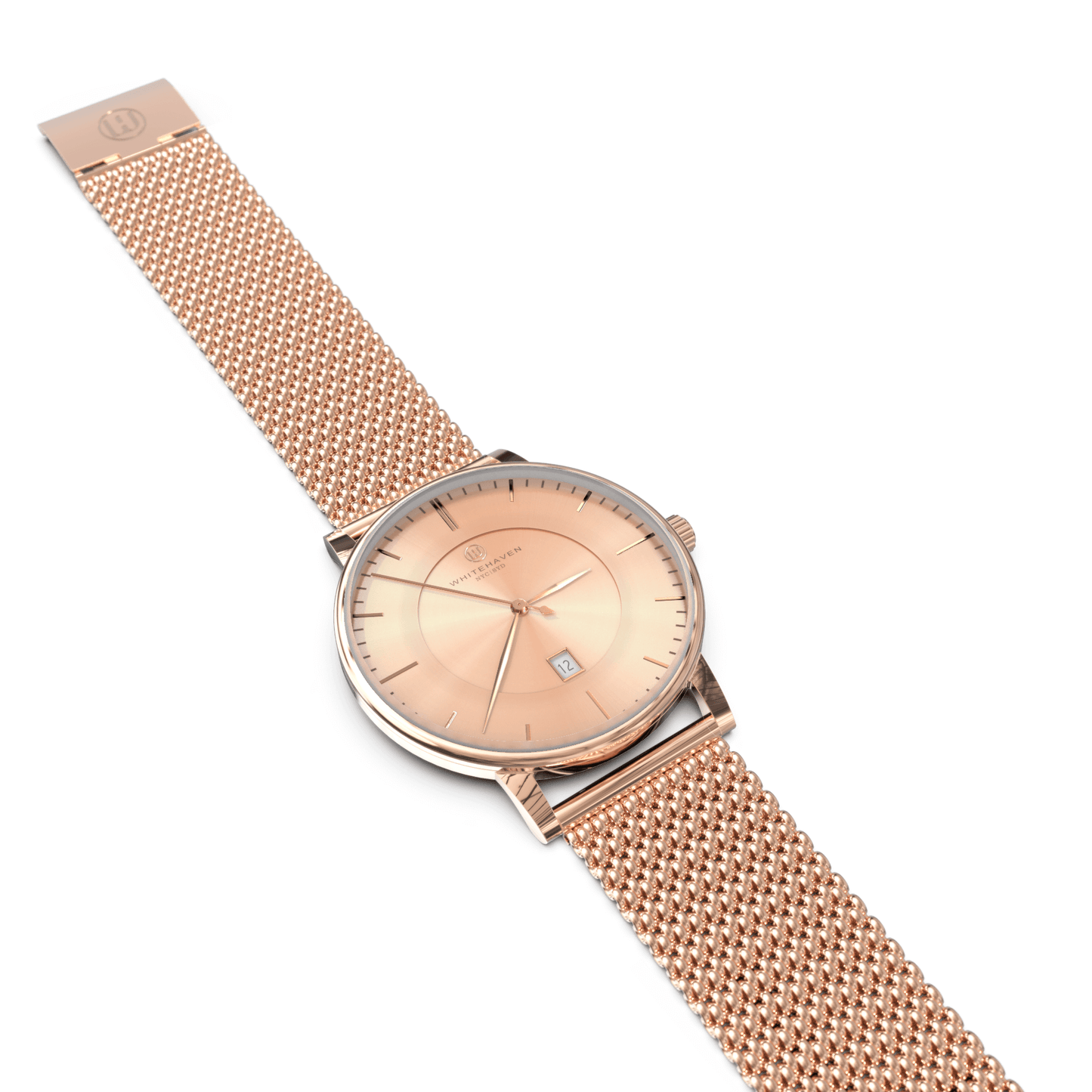 Montre femme Whitehaven Adelaida avec cadran rose cuivré en vue à plat, finition rose gold et bracelet en maille milanaise déployé