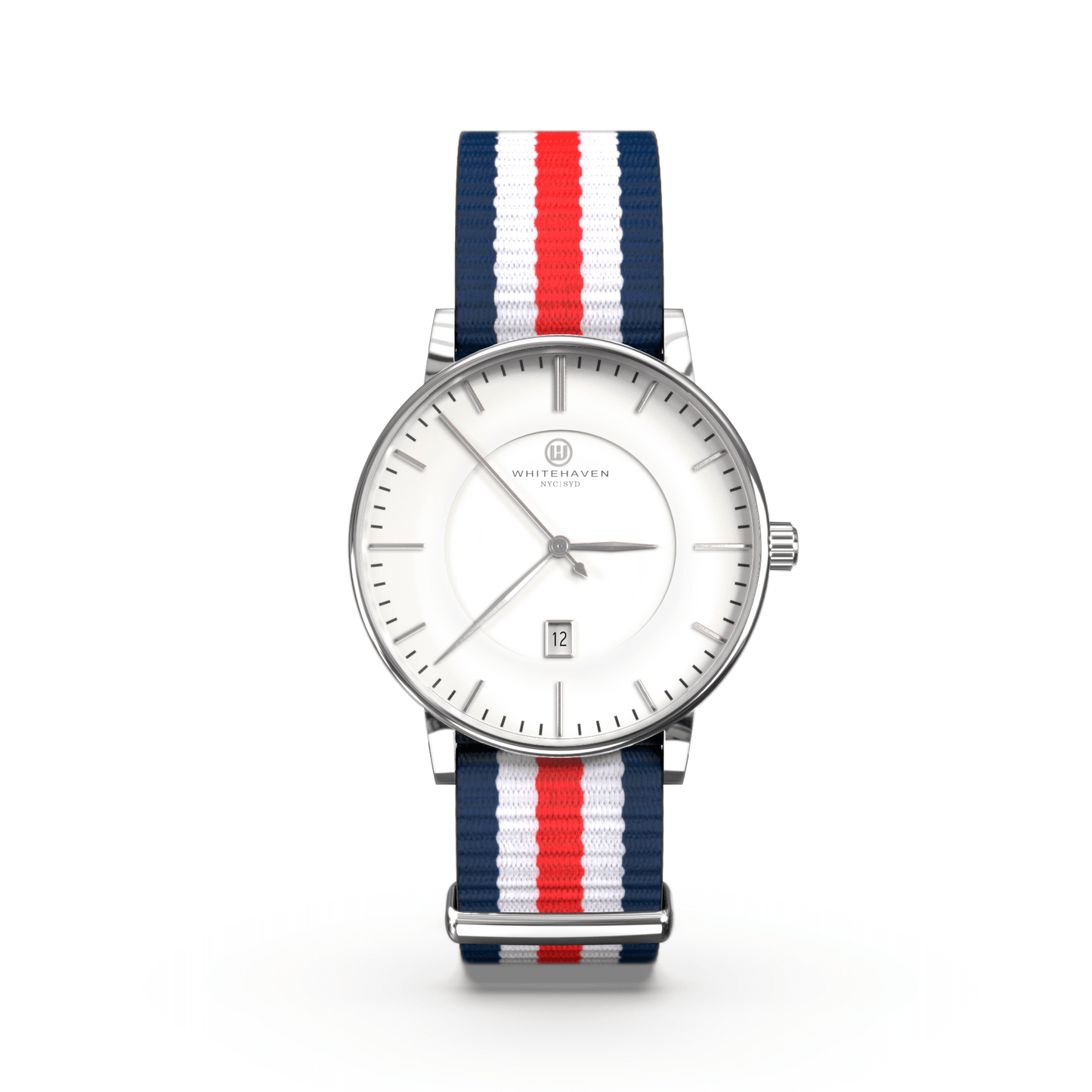 Montre femme Whitehaven Bendigo avec cadran blanc, aiguilles argentées, boîtier finition argent et bracelet NATO tricolore bleu blanc rouge – vue de face