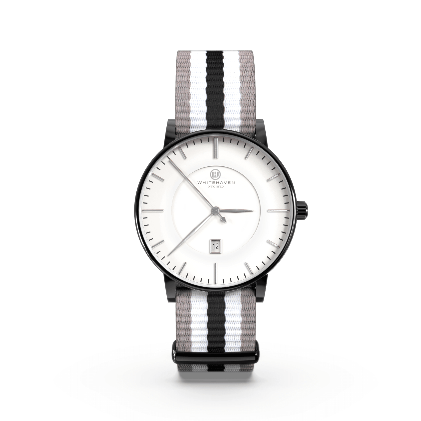 Montre femme Whitehaven Bendigo avec cadran blanc, aiguilles argentées, boîtier noir et bracelet NATO tricolore gris blanc noir – vue de face