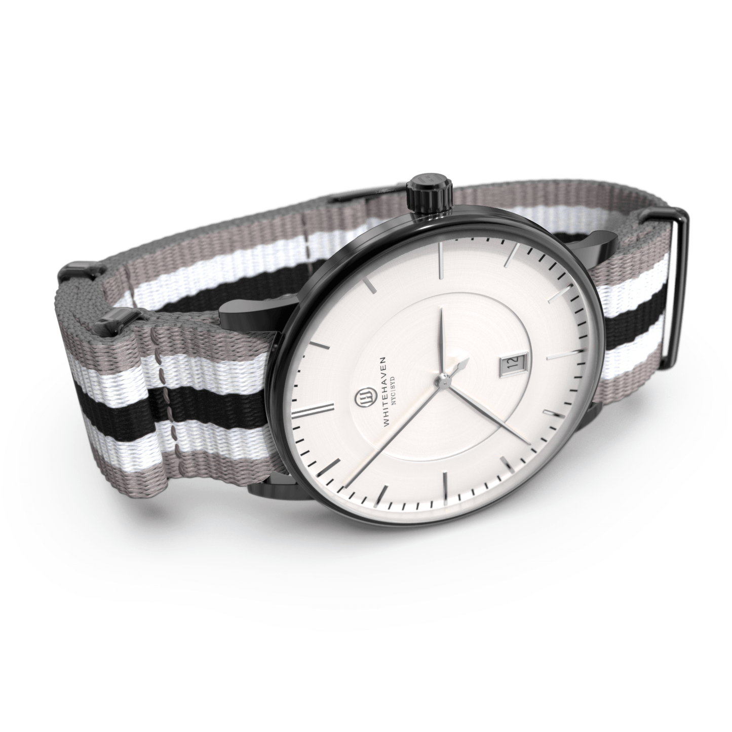 Montre femme Whitehaven Bendigo avec cadran blanc et bracelet NATO en nylon noir blanc gris – vue en perspective