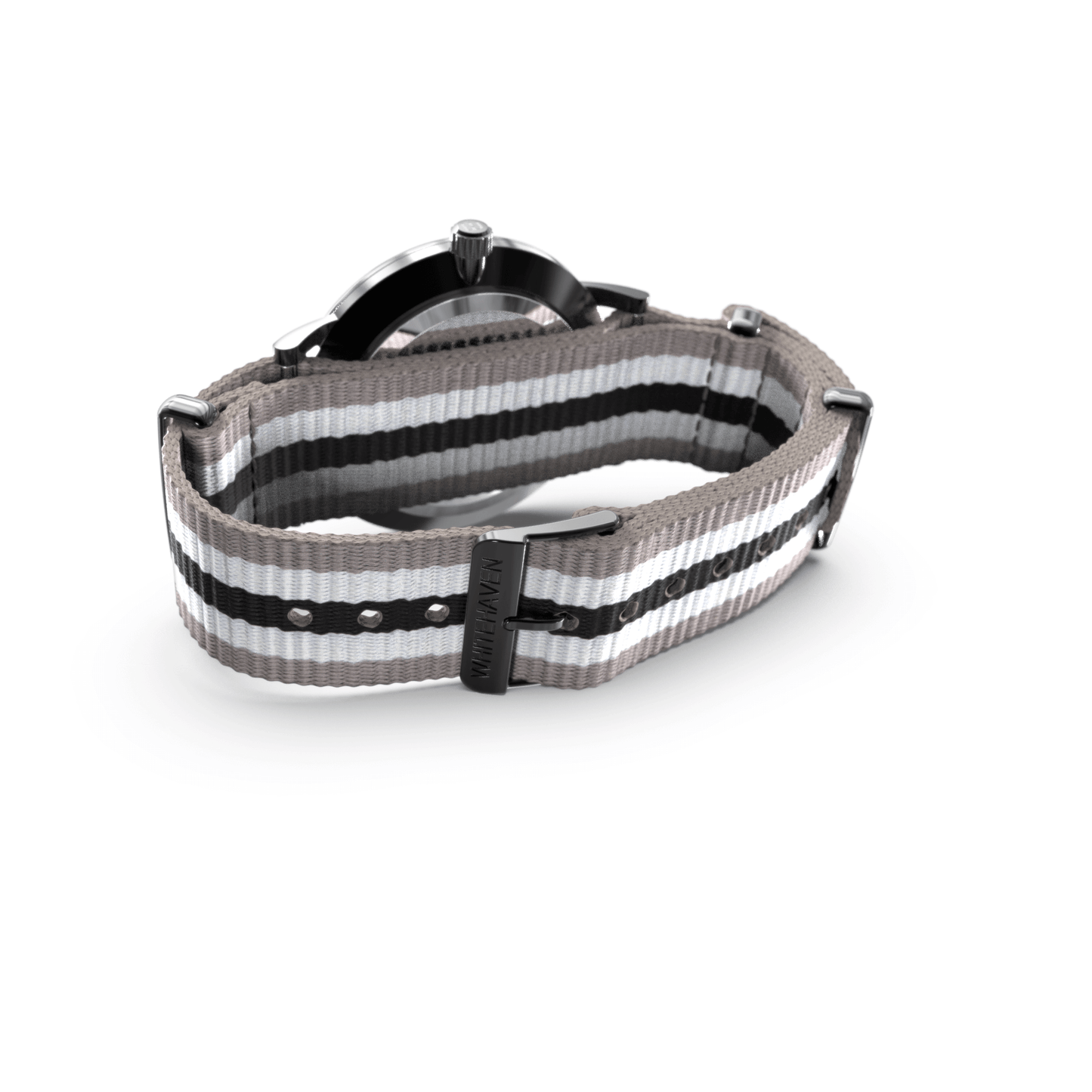 Montre femme Whitehaven Bendigo avec boucle noire et bracelet NATO nylon gris blanc noir – vue arrière