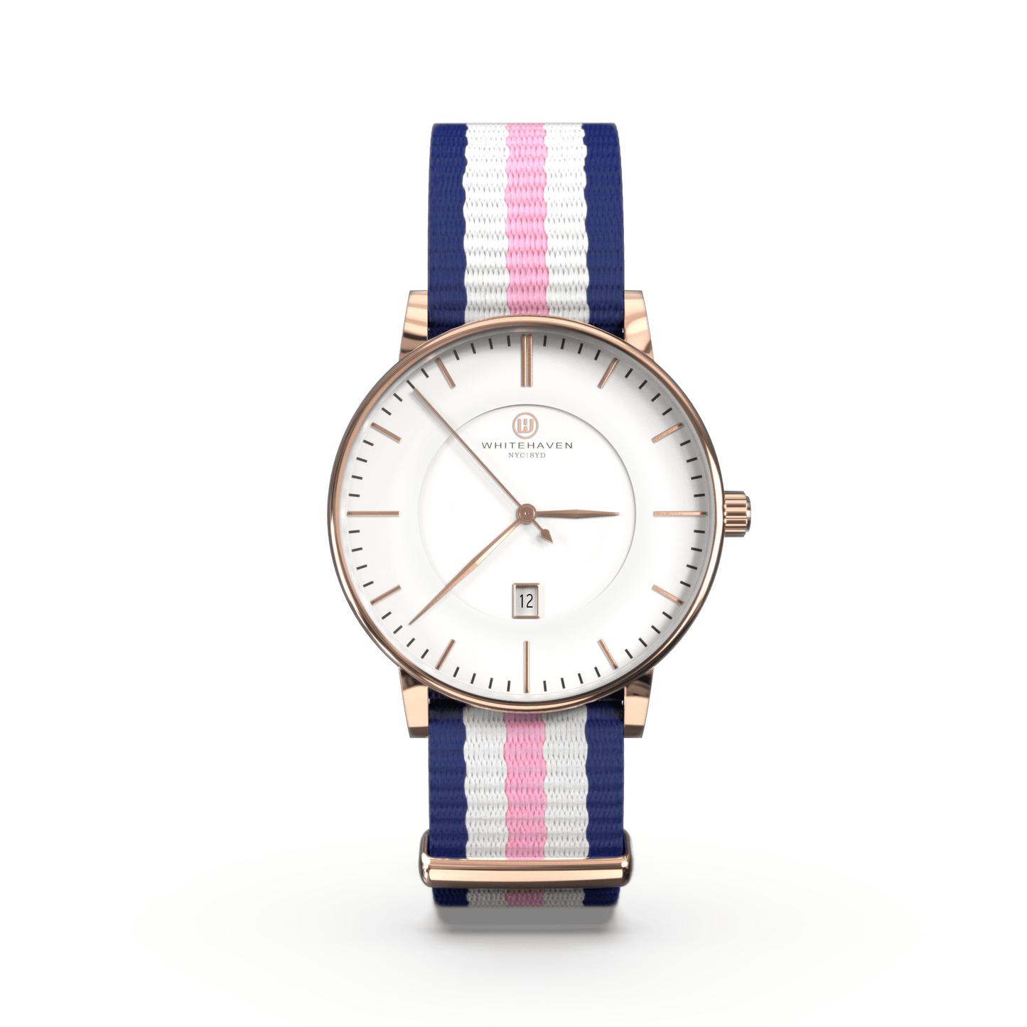 Montre femme Whitehaven Bendigo avec cadran blanc, aiguilles et boîtier rose gold, bracelet NATO en nylon tricolore bleu blanc rose – vue de face