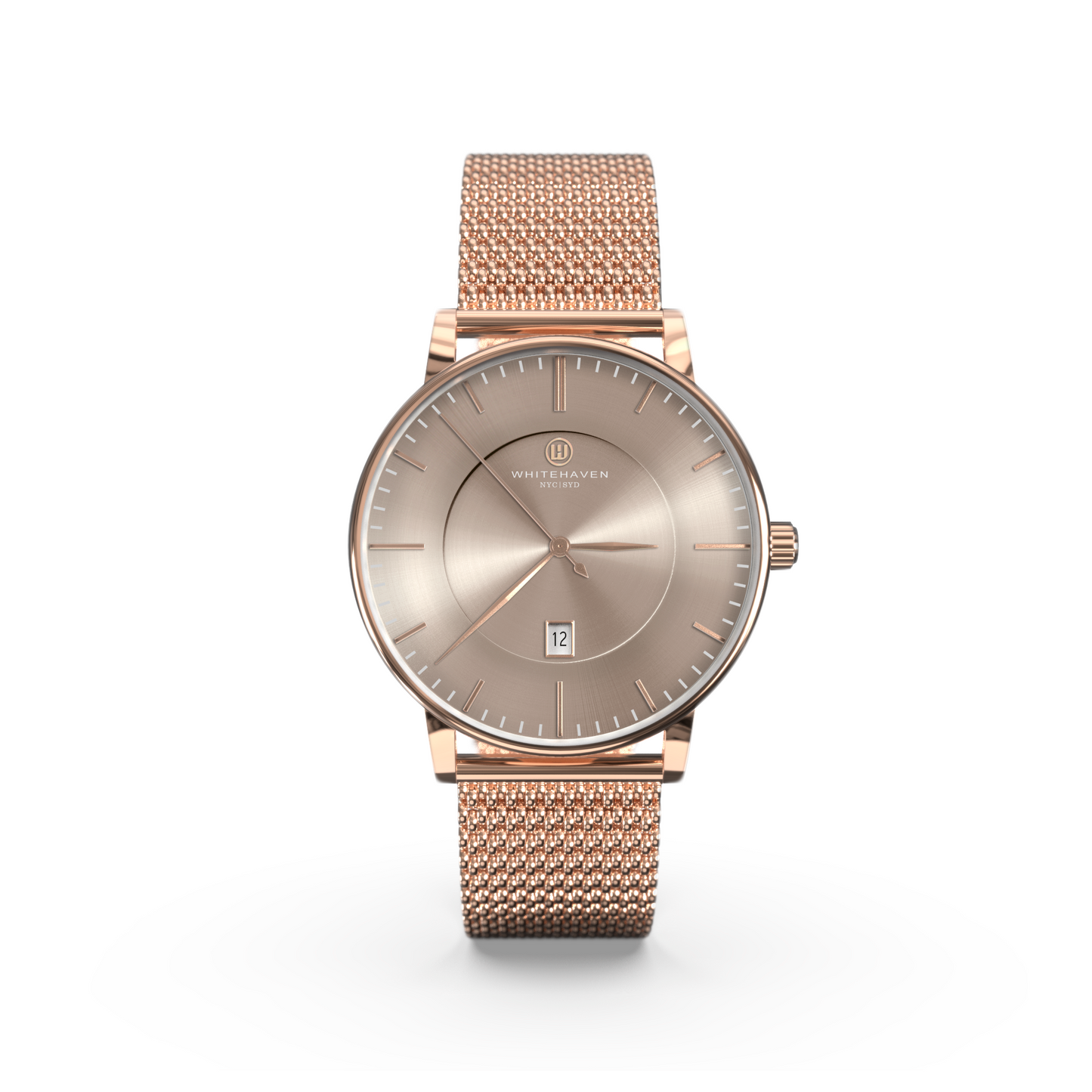Montre femme Whitehaven Briseban avec cadran rose gold en vue frontale, finitions rose gold et bracelet en maille milanaise rose gold