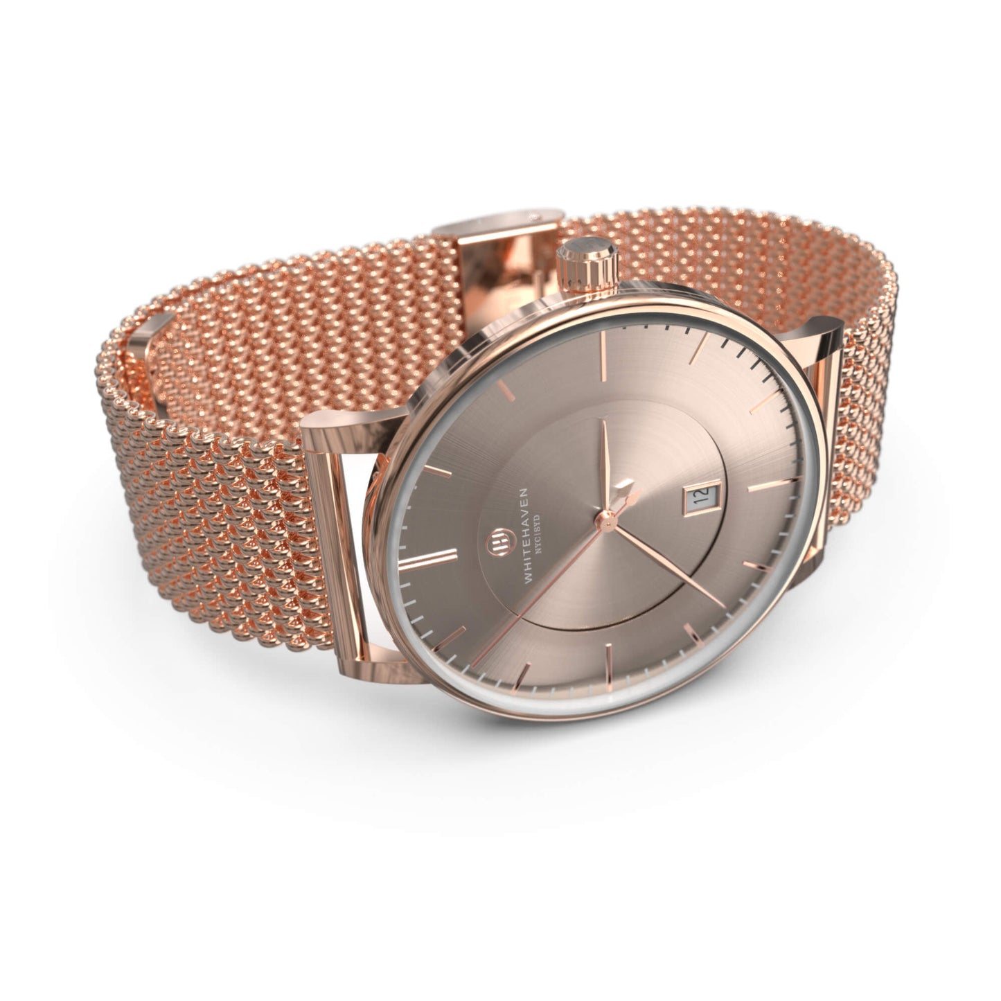 Montre femme Whitehaven Briseban avec cadran rose gold en perspective latérale, boîtier rose gold et bracelet milanais assorti