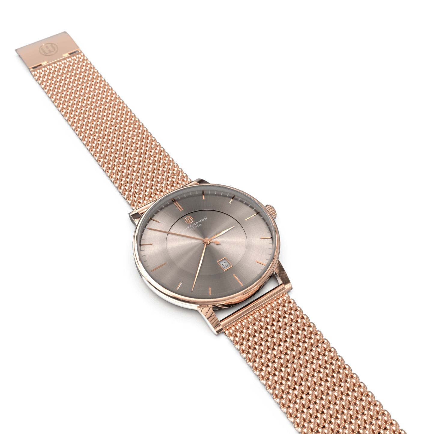 Montre femme Whitehaven Briseban avec cadran rose gold en vue à plat, finitions élégantes et bracelet maille milanaise