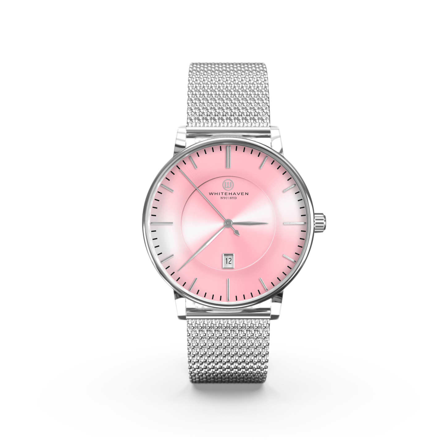Montre femme Whitehaven Burleigh avec cadran rose, aiguilles argentées, boîtier finition argent et bracelet en maille milanaise argent – vue de face