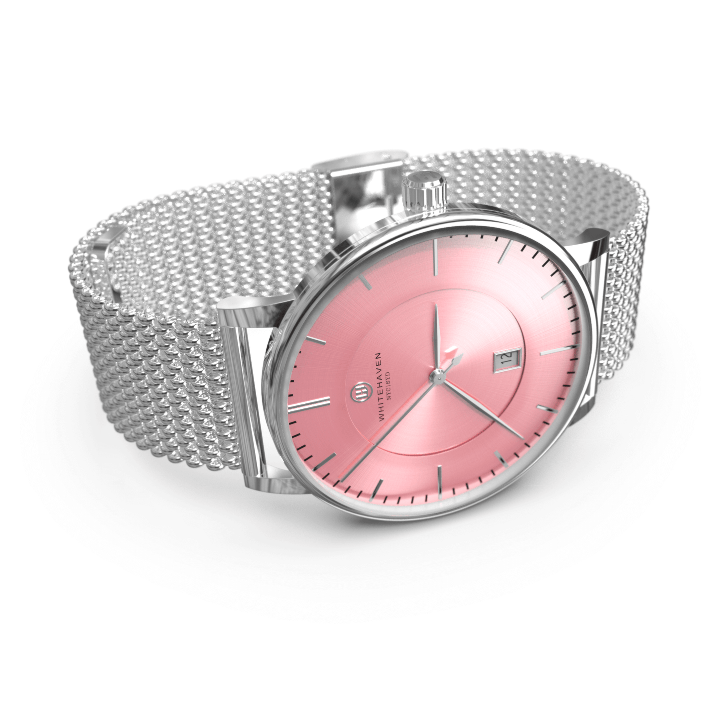 Montre femme Whitehaven Burleigh avec cadran rose, boîtier finition argent et bracelet milanais argenté – vue latérale