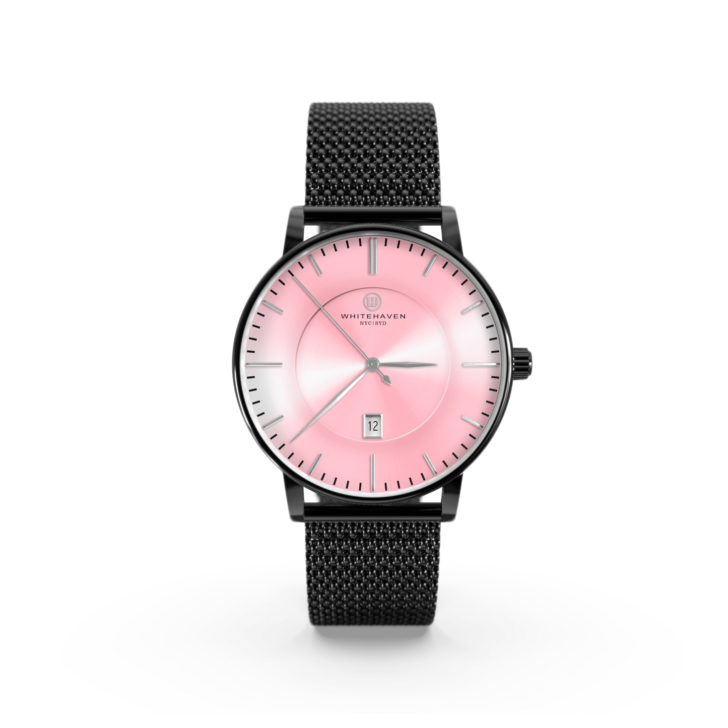 Montre femme Whitehaven Burleigh avec cadran rose, aiguilles noires, boîtier finition noire et bracelet maille milanaise noir – vue de face