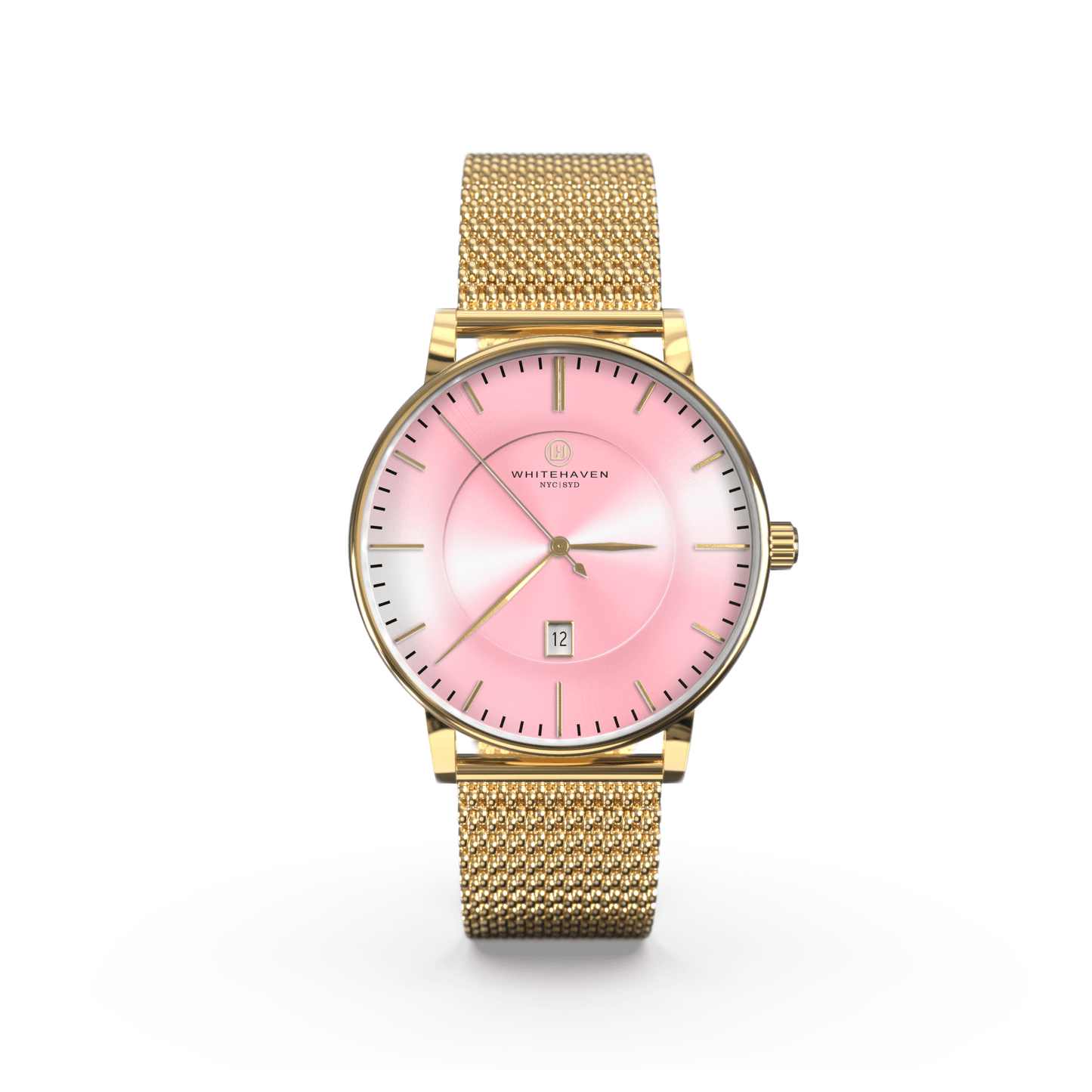 Montre femme Whitehaven Burleigh avec cadran rose, aiguilles dorées, boîtier finition or et bracelet en maille milanaise doré – vue de face