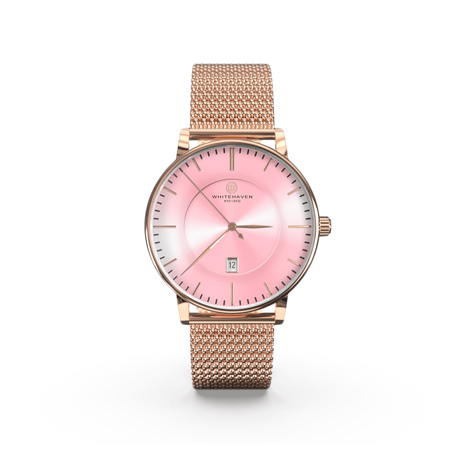 Montre femme Whitehaven Burleigh avec cadran rose, aiguilles et boîtier finition rose gold, bracelet en maille milanaise rose gold – vue de face