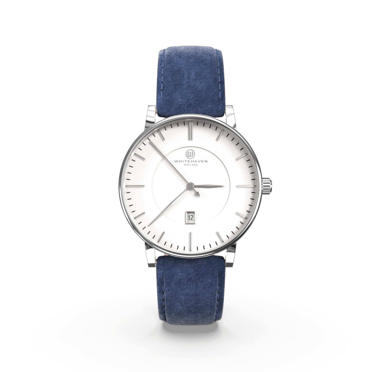 Montre femme Whitehaven Coral avec cadran blanc en vue frontale, finitions argent et bracelet en velours bleu