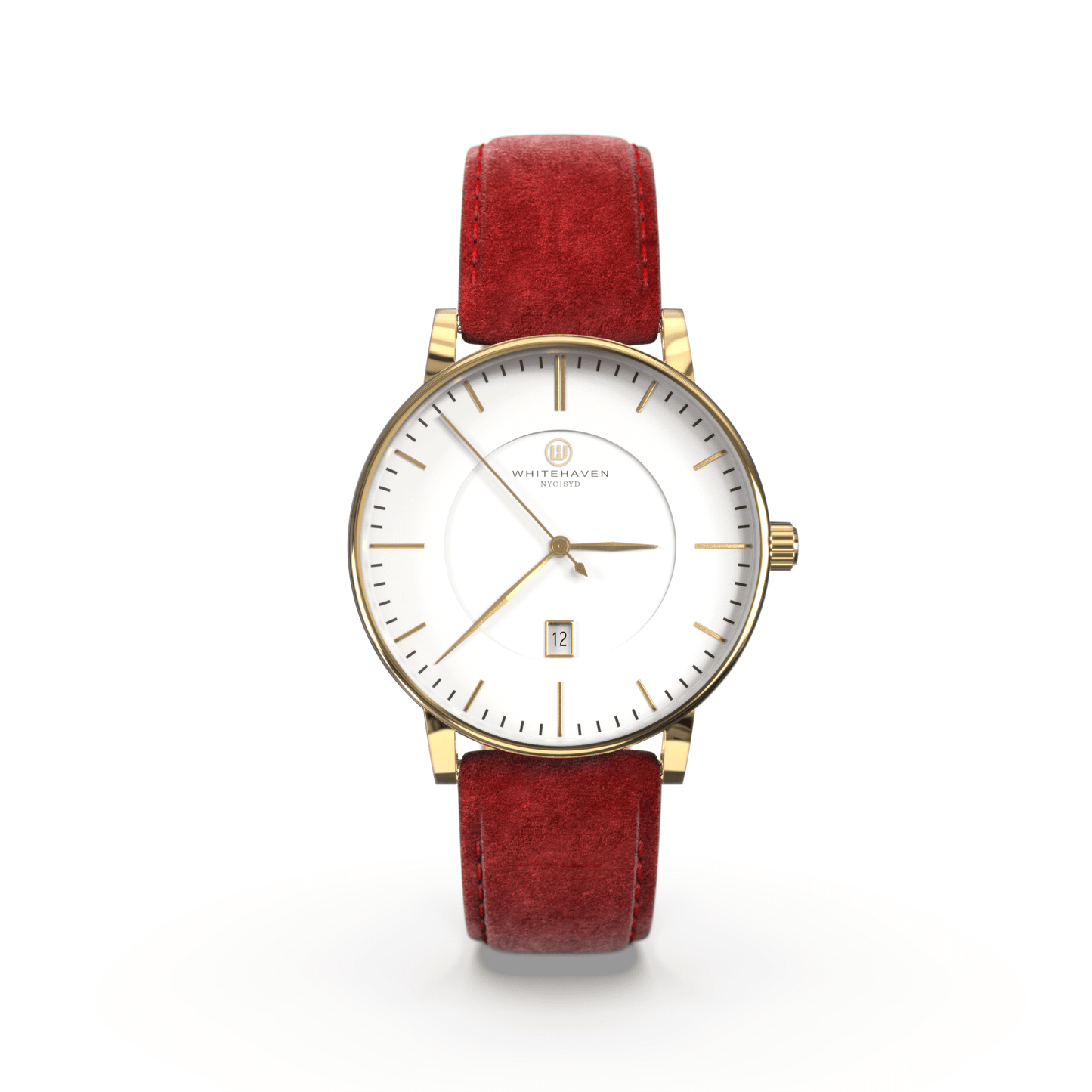 Montre femme Whitehaven Coral avec cadran blanc en vue frontale, finitions or et bracelet en velours rouge