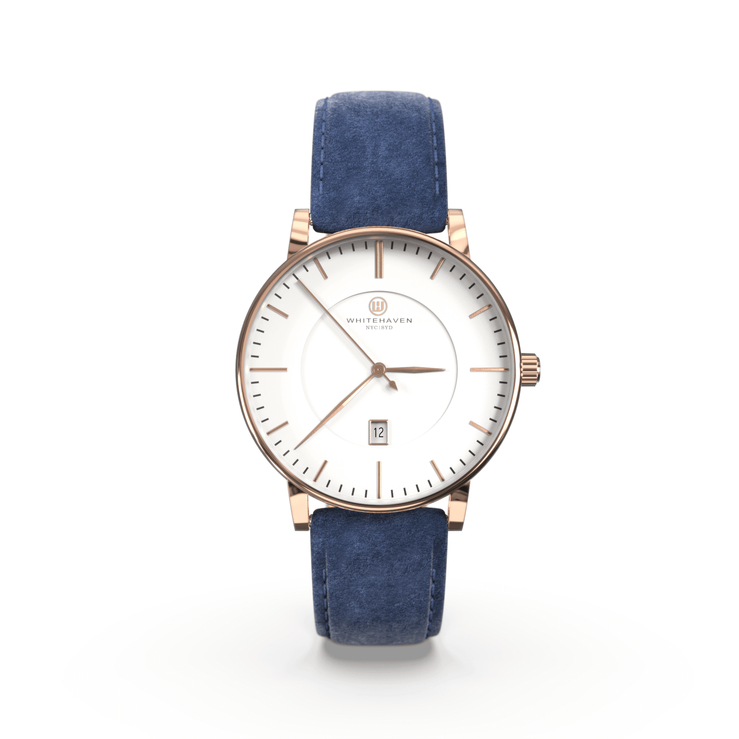 Montre femme Whitehaven Coral avec cadran blanc en vue frontale, finitions rose gold et bracelet en velours bleu