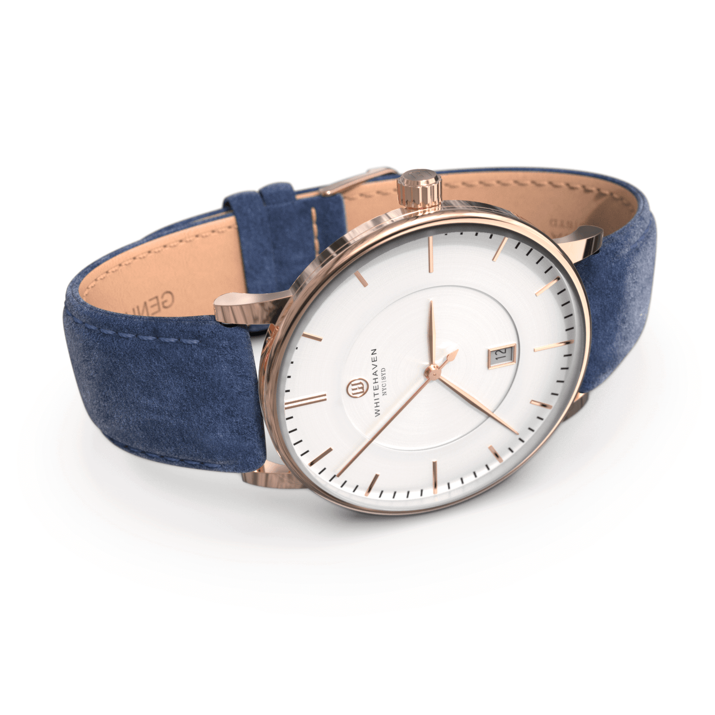 Montre femme Whitehaven Coral avec cadran blanc en perspective latérale, boîtier rose gold et bracelet en velours bleu