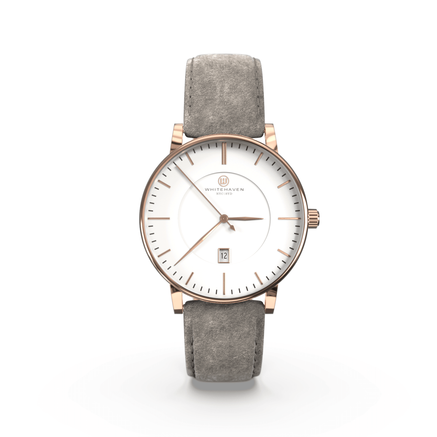 Montre femme Whitehaven Coral avec cadran blanc en vue frontale, finitions rose gold et bracelet en velours gris clair