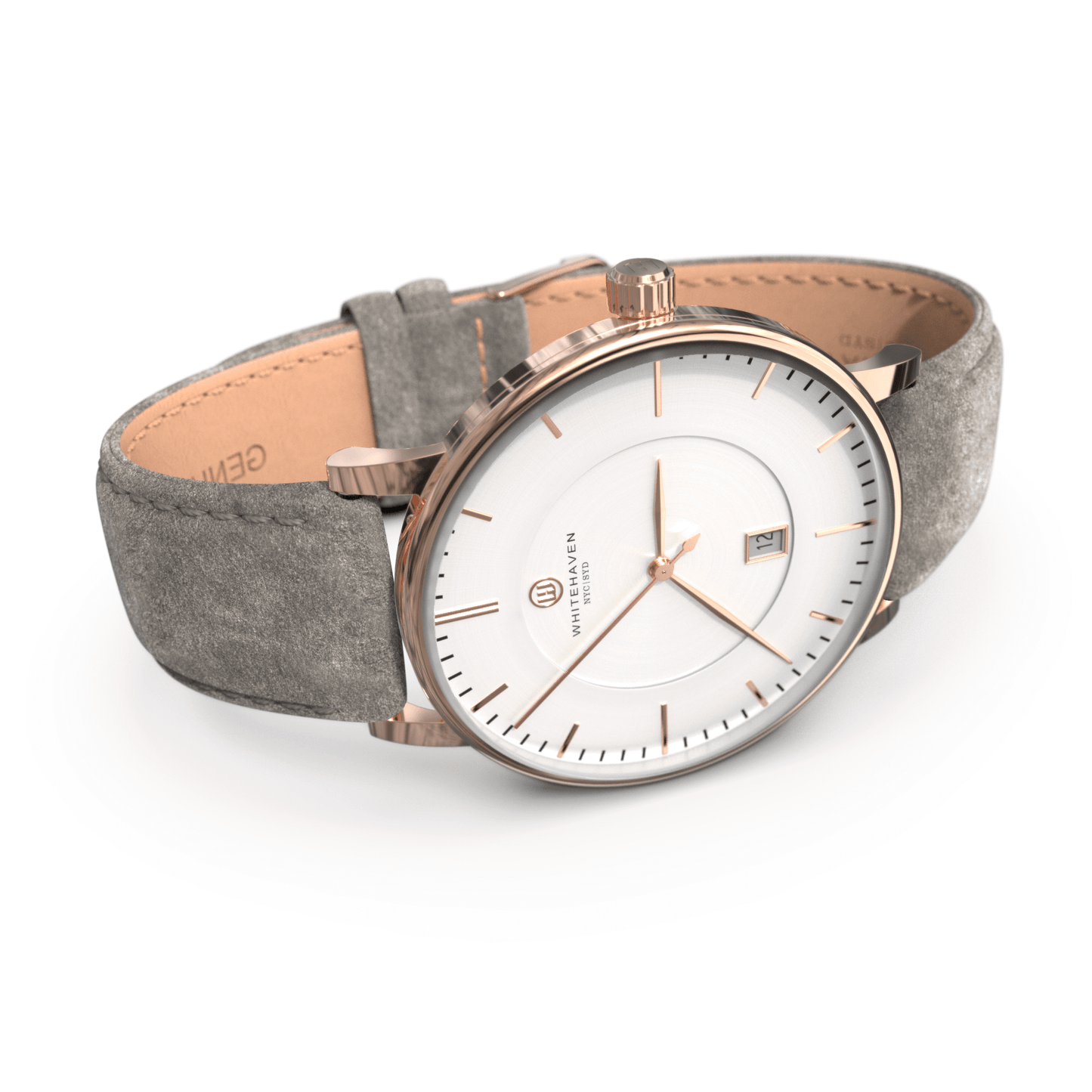 Montre femme Whitehaven Coral avec cadran blanc en perspective latérale, boîtier rose gold et bracelet velours gris clair