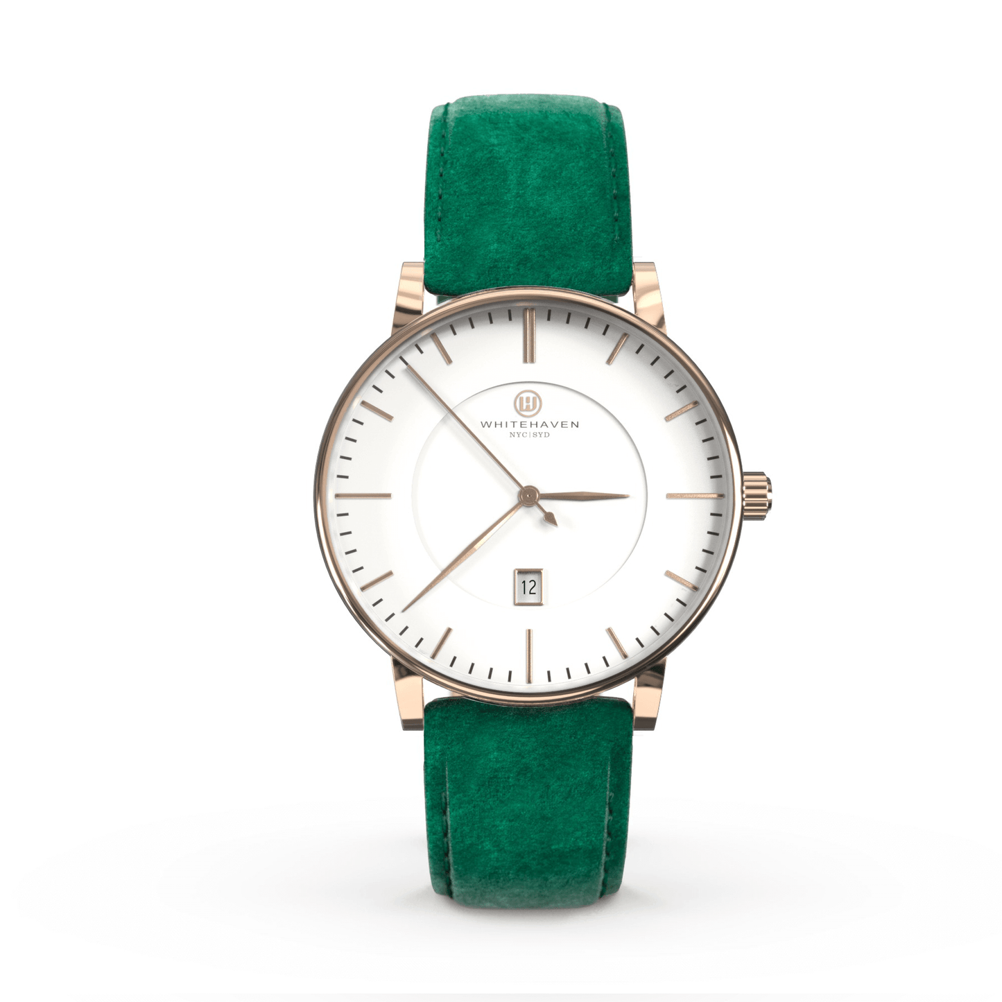 Montre femme Whitehaven Coral avec cadran blanc en vue frontale, finitions rose gold et bracelet en velours vert