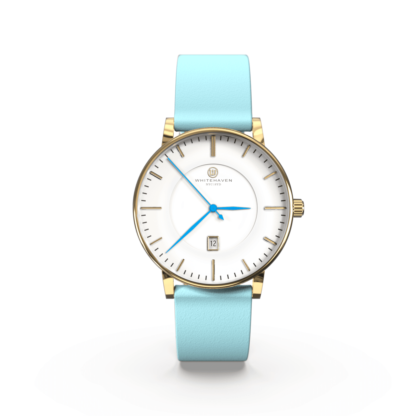Montre femme Whitehaven Darling avec cadran blanc, boîtier finition or et bracelet en cuir lisse bleu pastel – vue de face