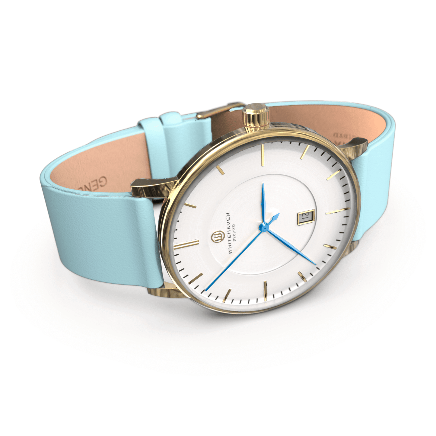 Montre Whitehaven Darling au cadran blanc et boîtier doré, bracelet cuir bleu pastel – vue en perspective