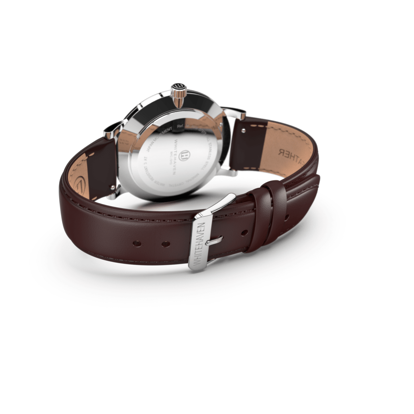 Montre femme Whitehaven Darwin avec cadran marron, boucle argentée et bracelet en cuir marron – vue arrière