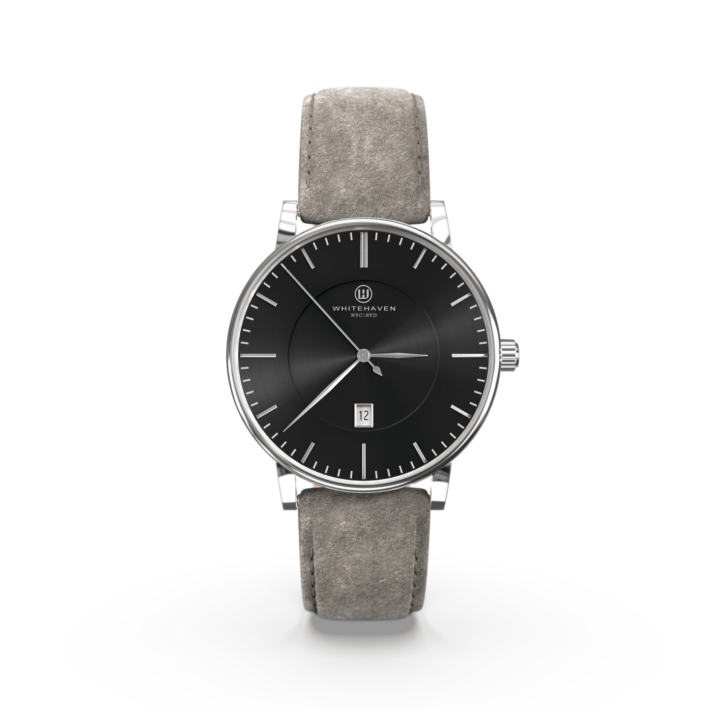 Montre femme Whitehaven Pyramid avec cadran noir, boîtier et aiguilles argentées, bracelet en velours gris – vue de face