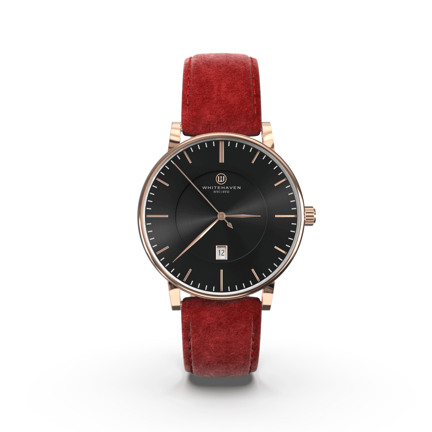 Montre femme Whitehaven Pyramid avec cadran noir, boîtier finition or rose et bracelet en velours rouge – vue de face