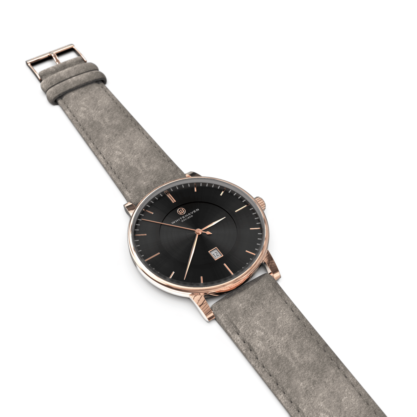 Montre pour femme Pyramid Whitehaven en finition rose gold, cadran noir et bracelet en velours gris – vue à plat