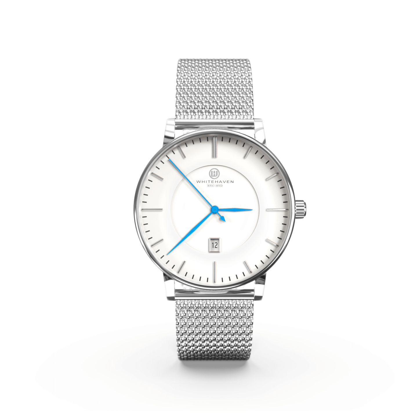 Montre femme Whitehaven Uluru avec cadran blanc en vue frontale, finitions argent, bracelet en maille milanaise argent et aiguilles bleues