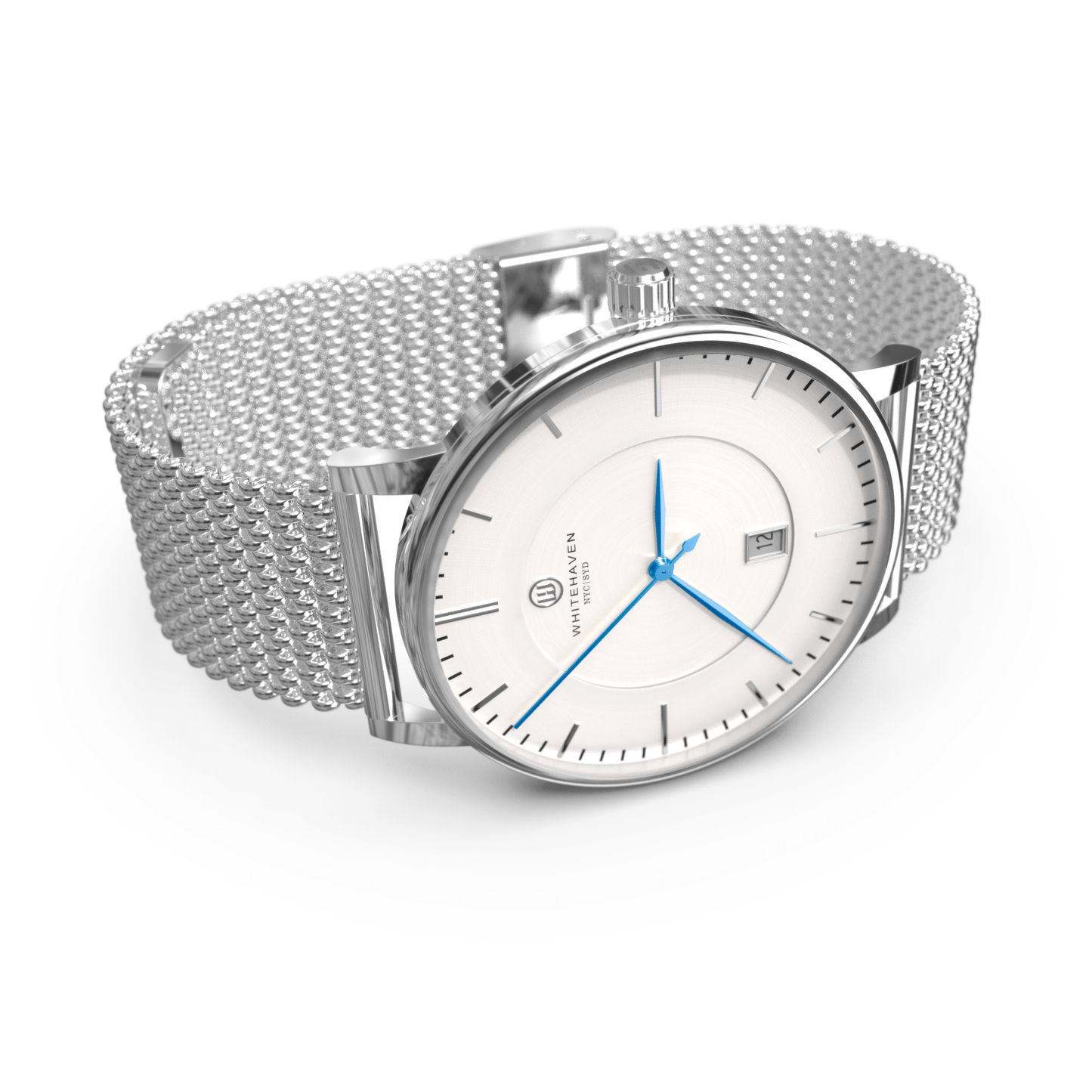 Montre femme Whitehaven Uluru avec cadran blanc en perspective latérale, boîtier argent et aiguilles bleues sur bracelet milanais