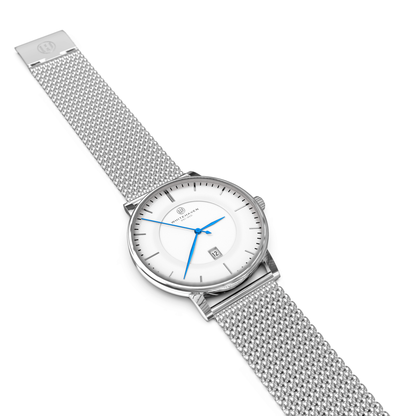 Montre femme Whitehaven Uluru avec cadran blanc en vue à plat, détails bleus et bracelet maille milanaise argentée
