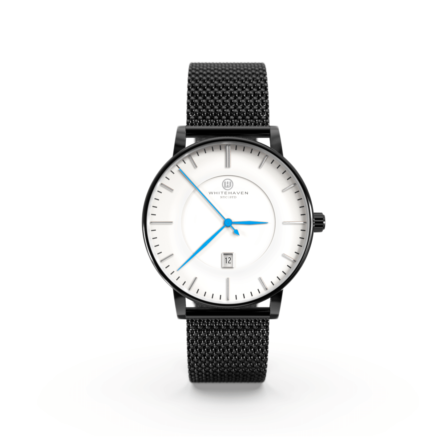 Montre femme Whitehaven Uluru avec cadran blanc, aiguilles bleues, boîtier noir et bracelet en maille milanaise noire – vue de face