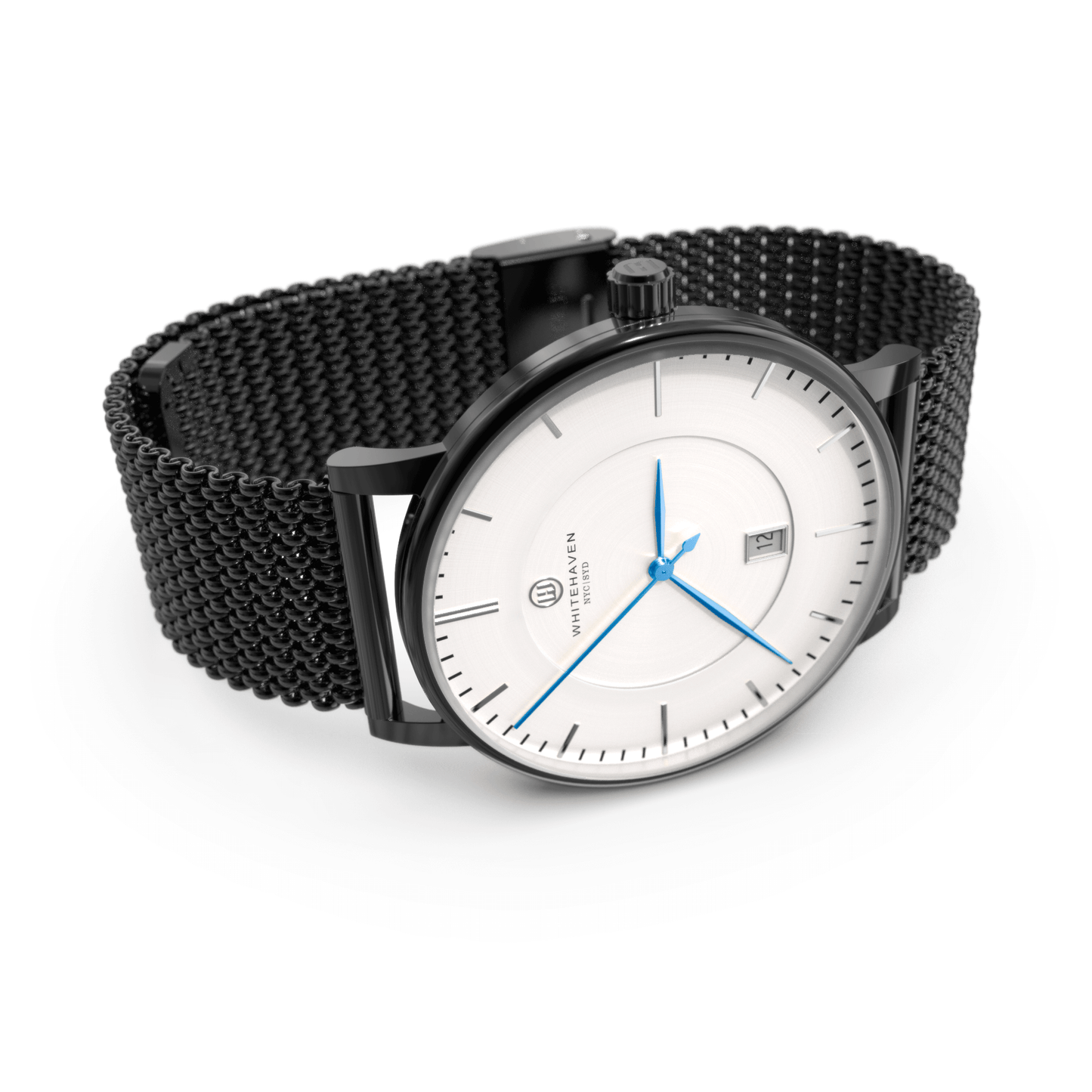 Montre femme Whitehaven Uluru avec cadran blanc, aiguilles bleues, boîtier finition noire et bracelet milanais noir – vue latérale