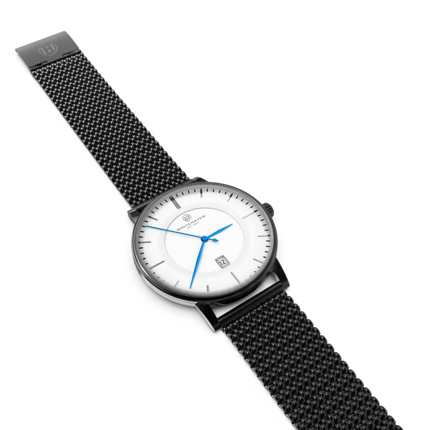 Montre femme Whitehaven Uluru avec cadran blanc, aiguilles bleues, boîtier noir et bracelet en maille noire – vue à plat