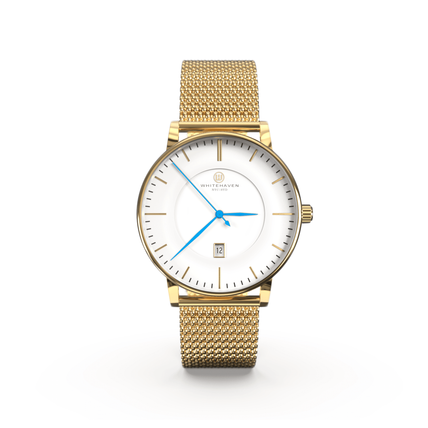 Montre femme Whitehaven Uluru avec cadran blanc, aiguilles bleues, boîtier finition or et bracelet en maille milanaise or – vue de face