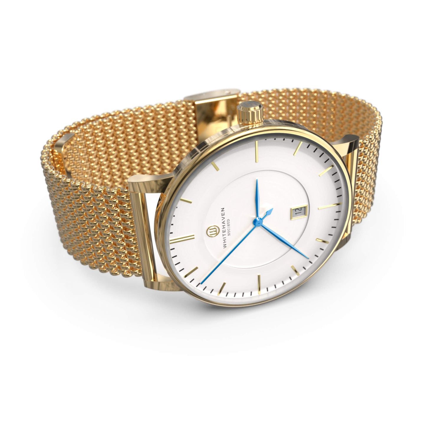 Montre femme Whitehaven Uluru avec cadran blanc, aiguilles bleues, boîtier finition or et bracelet en maille milanaise or – vue latérale