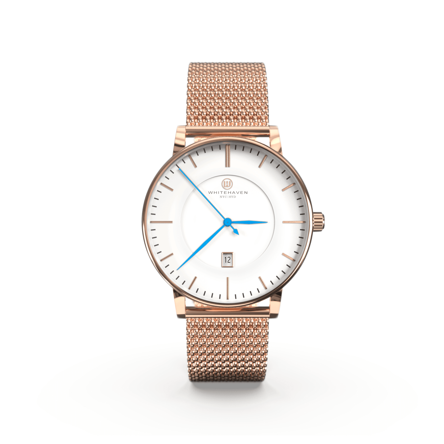 Montre femme Whitehaven Uluru avec cadran blanc, aiguilles bleues, boîtier finition rose gold et bracelet en maille milanaise rose gold – vue de face