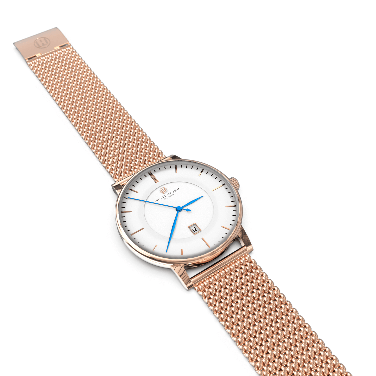 Montre femme Whitehaven Uluru avec cadran blanc, aiguilles bleues, boîtier rose gold et bracelet en maille milanaise rose gold – vue à plat