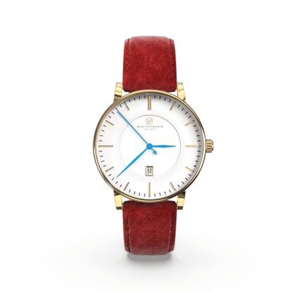 Montre pas cher / Montre élégante / Montre Mixte / Montre Intemporelle / montre à moins de 100€ / Montre 40 mm / Bracelet Daim Rouge / Finitions Gold / Montre couleur Blanc / Montre couleur Blanc aiguilles bleues / Montre aiguilles Bleues / Montre White Haven / Daniel Wellington / montre Daniel Wellington / Cluse / montre Cluse