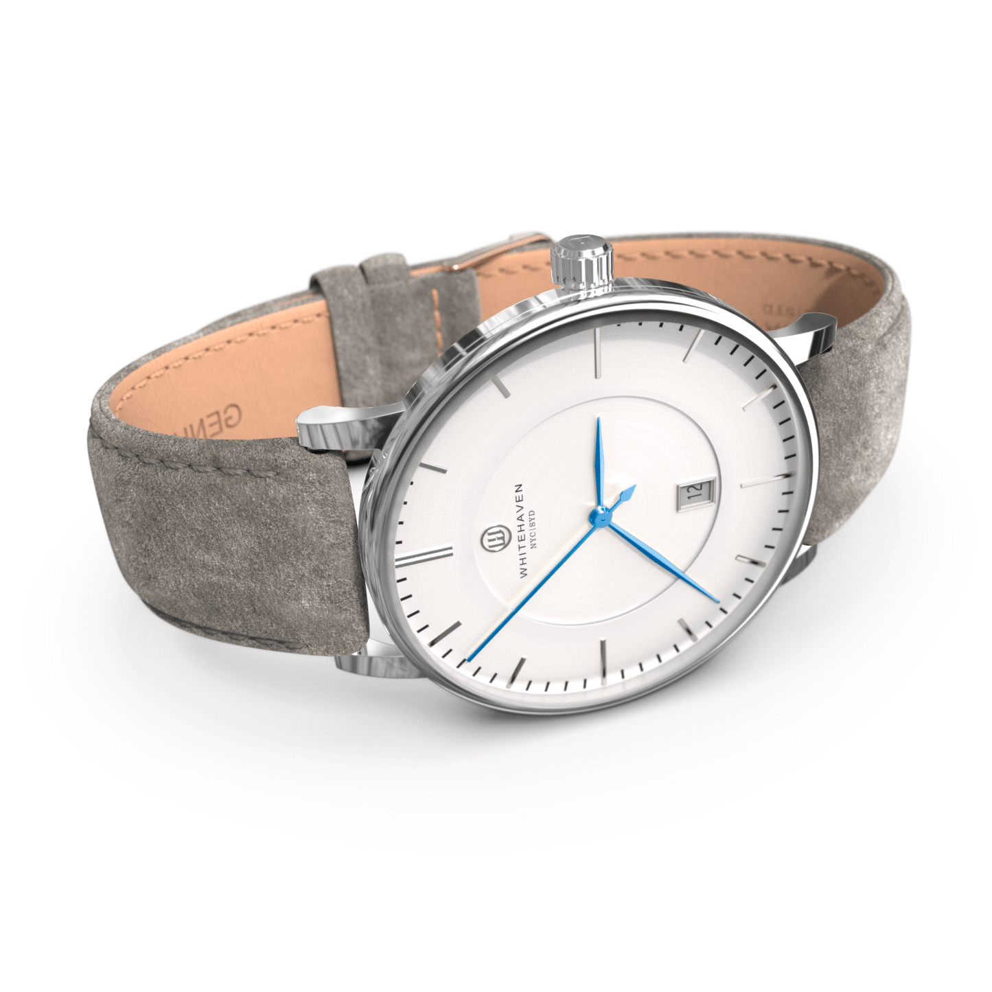 Montre pas cher / Montre élégante / Montre Mixte / Montre Intemporelle / montre à moins de 100€ / Montre 40 mm / Bracelet Daim Gris / Finitions Argent / Montre couleur Blanc / Montre couleur Blanc aiguilles bleues / Montre aiguilles Bleues / Montre White Haven / Daniel Wellington / montre Daniel Wellington / Cluse / montre Cluse