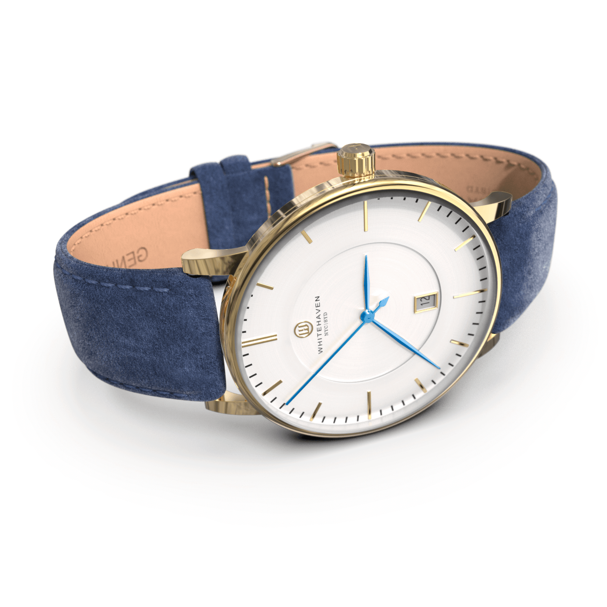 Montre pas cher / Montre élégante / Montre Mixte / Montre Intemporelle / montre à moins de 100€ / Montre 40 mm / Bracelet Daim Bleu / Finitions Gold / Montre couleur Blanc / Montre couleur Blanc aiguilles bleues / Montre aiguilles Bleues / Montre White Haven / Daniel Wellington / montre Daniel Wellington / Cluse / montre Cluse