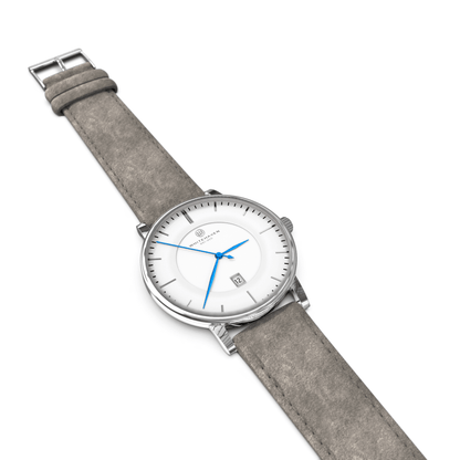 Montre pas cher / Montre élégante / Montre Mixte / Montre Intemporelle / montre à moins de 100€ / Montre 40 mm / Bracelet Daim Gris / Finitions Argent / Montre couleur Blanc / Montre couleur Blanc aiguilles bleues / Montre aiguilles Bleues / Montre White Haven / Daniel Wellington / montre Daniel Wellington / Cluse / montre Cluse