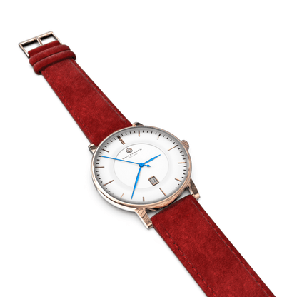 Montre pas cher / Montre élégante / Montre Mixte / Montre Intemporelle / montre à moins de 100€ / Montre 40 mm / Bracelet Daim Rouge / Finitions Rose Gold / Montre couleur Blanc / Montre couleur Blanc aiguilles bleues / Montre aiguilles Bleues / Montre White Haven / Daniel Wellington / montre Daniel Wellington / Cluse / montre Cluse