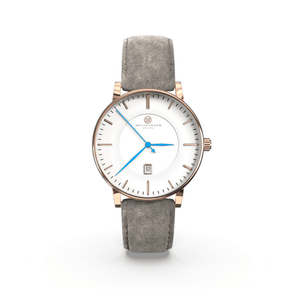 Montre pas cher / Montre élégante / Montre Mixte / Montre Intemporelle / montre à moins de 100€ / Montre 40 mm / Bracelet Daim Gris Pale / Finitions Rose Gold / Montre couleur Blanc / Montre couleur Blanc aiguilles bleues / Montre aiguilles Bleues / Montre White Haven / Daniel Wellington / montre Daniel Wellington / Cluse / montre Cluse